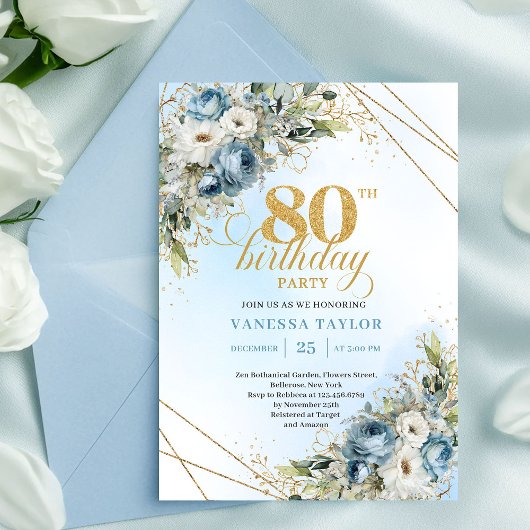 Stylish 80th Birthday Invitation Dusty Blue Gold  招待状