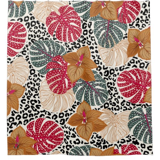 Stylish beautiful tropical forest print on leopard シャワーカーテン (正面)