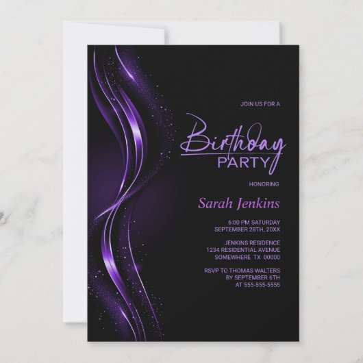 Stylish Black and Purple Birthday Party 招待状 (正面)