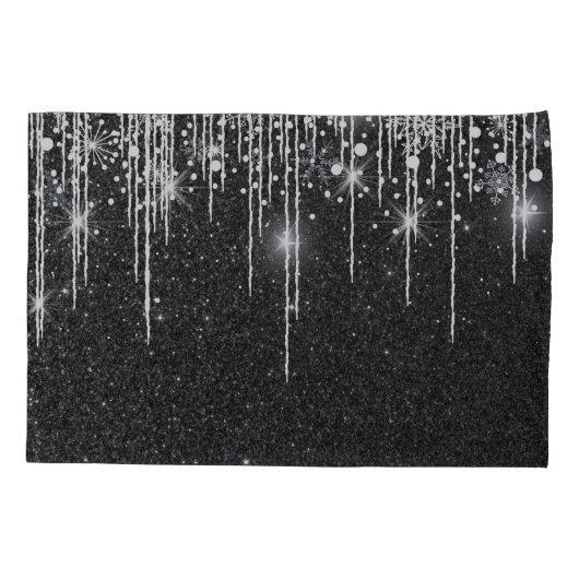 Stylish Black and Silver Sparkly Icicle Surname 枕カバー (裏面-左)