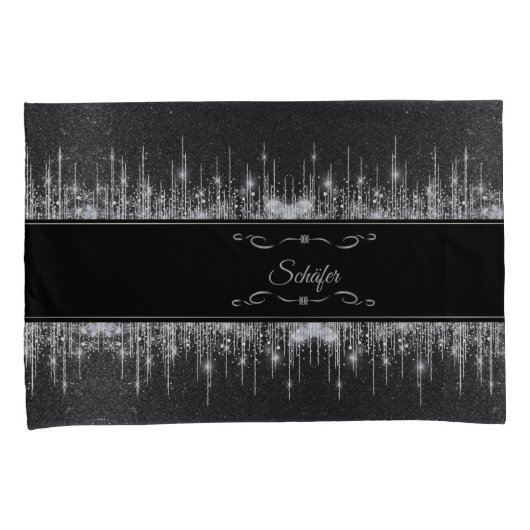 Stylish Black and Silver Sparkly Icicle Surname 枕カバー (正面右)