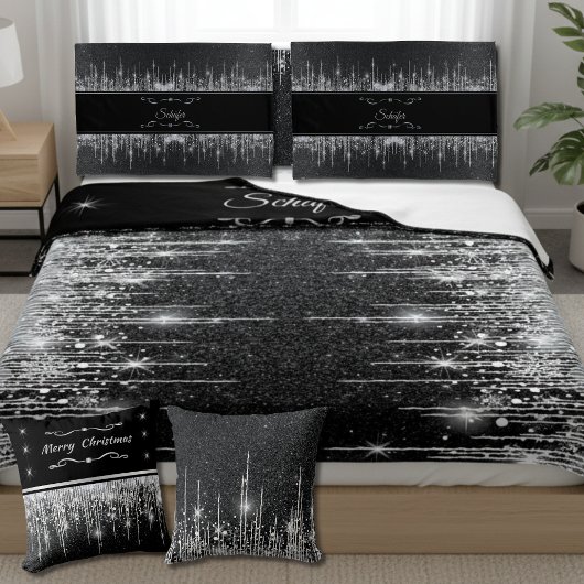 Stylish Black and Silver Sparkly Icicle Surname 枕カバー