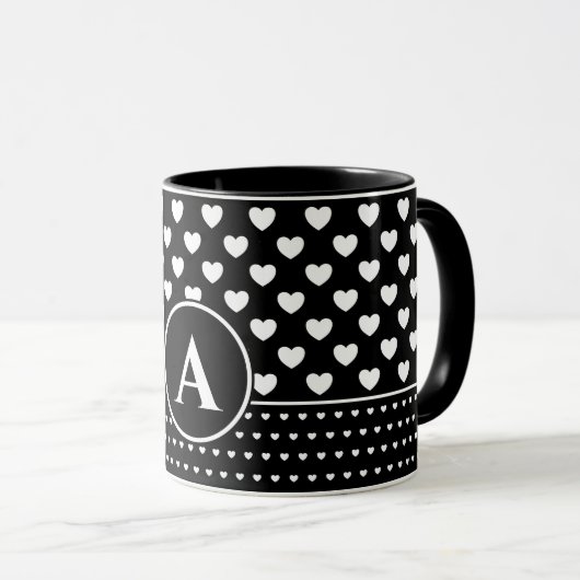 Stylish Black And White Hearts - Custom Monogram マグカップ (正面右)