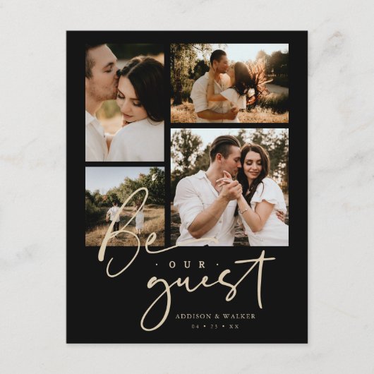 Stylish Black & Faux Gold Collage Wedding 4-Photo. エンクロージャーカード (正面)