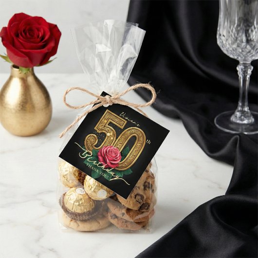 Stylish Black Gold Red Rose 50th Birthday Party フェイバータグ