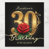 Stylish Black Gold Red Rose Floral 30th Birthday ワインラベル (シングルラベル)