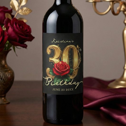Stylish Black Gold Red Rose Floral 30th Birthday ワインラベル