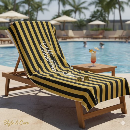 Stylish Black M Gold Striped Towel Add Your Name ビーチタオル