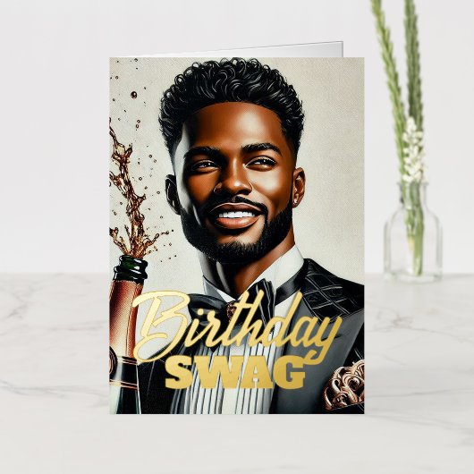 Stylish Black Man Champagne Luxury Birthday Card 箔シーズンカード (花)