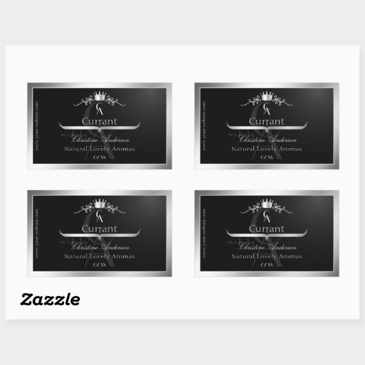 Stylish Black Product Label Silver Frame Monogram 長方形シール (シート)