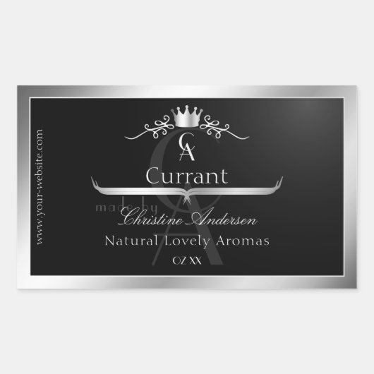 Stylish Black Product Label Silver Frame Monogram 長方形シール (正面)