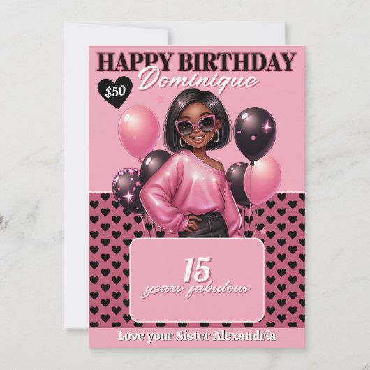 Stylish Black Teen Girl Birthday Gift Card Holder 招待状 (正面)