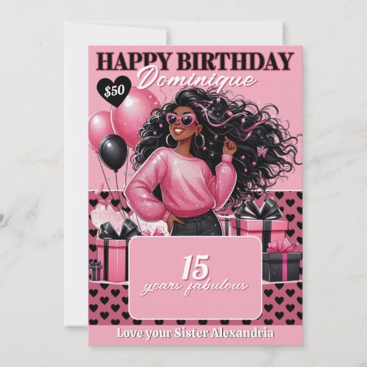 Stylish Black Teen Girl Birthday Gift Card Holder 招待状 (正面)