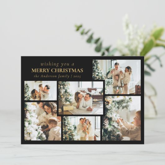 Stylish Black Typography Photo Collage Christmas シーズンカード (スタンド正面)
