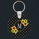Stylish Black Vintage Floral Polka Dots Monogram K キーホルダー<br><div class="desc">This beautiful,  elegant design features vintage yellow and orange watercolor sunflowers against a high-contrast background of white polka dots on black. In the center is a white monogram inside of a gold-edged black circle. You can personalize this design for yourself or a loved one by changing the monogram.</div>