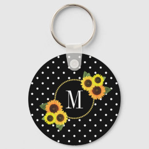 Stylish Black Vintage Floral Polka Dots Monogram K キーホルダー