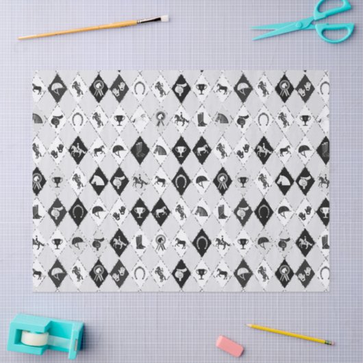 Stylish Black White Equestrian Diamond Pattern 薄葉紙 (クラフト)