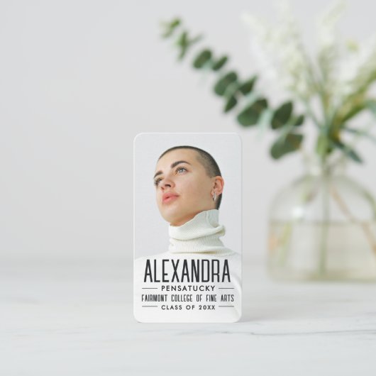 Stylish Black White Graduate Networking Photo QR  名刺 (スタンド正面)