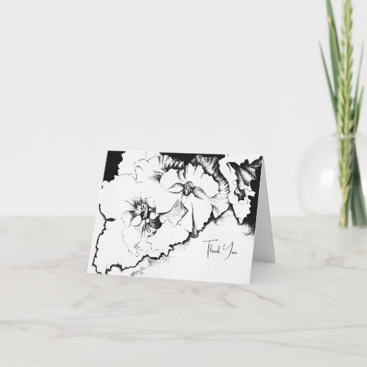 Stylish Black & White Original Stipple Art Floral サンキューカード (正面)