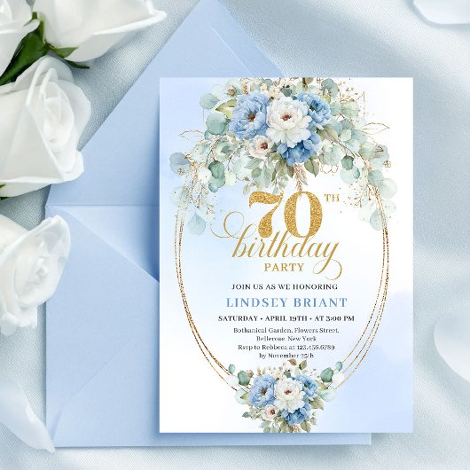Stylish Blue Floral Eucalyptus 70th Birthday Invit 招待状