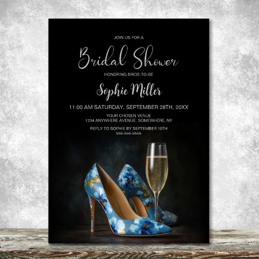 Stylish Blue Floral Stiletto Shoes Bridal Shower 招待状
