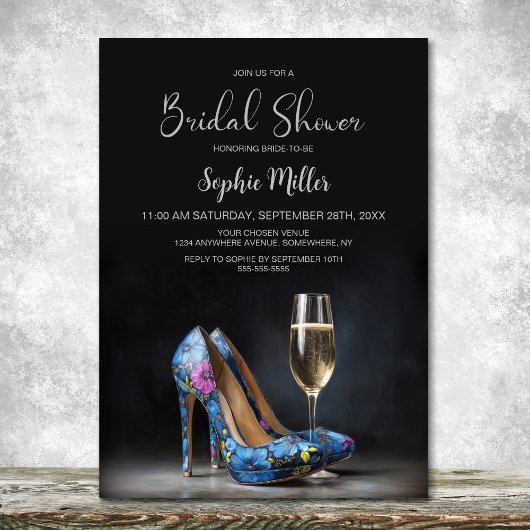 Stylish Blue Floral Stiletto Shoes Bridal Shower 招待状