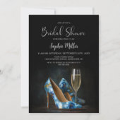 Stylish Blue Floral Stiletto Shoes Bridal Shower 招待状 (正面)