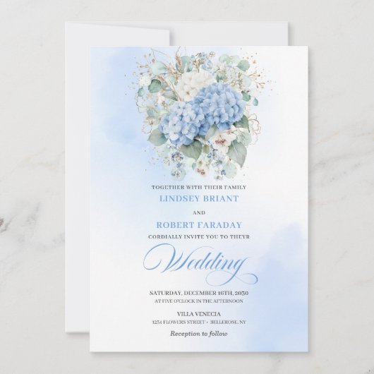 Stylish Blue Hydrangea Eucalyptus Wedding Invite 招待状 (正面)