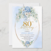 Stylish Blue Hydrangea Gold Accent 80th Birthday 招待状 (正面)