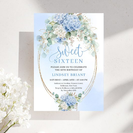 Stylish Blue Hydrangea Gold Accent Sweet Sixteen 招待状
