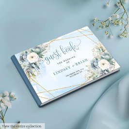 Stylish Blue Peonies White Gold Wedding Guest Book ゲストブック