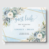 Stylish Blue Peonies White Gold Wedding Guest Book ゲストブック (正面)