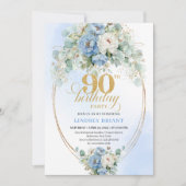 Stylish Blue Peony Gold Frame 90th Birthday Invite 招待状 (正面)