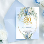 Stylish Blue Peony Gold Frame 90th Birthday Invite 招待状