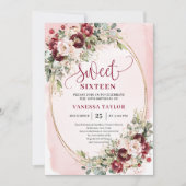 Stylish Blush Burgundy Floral Sweet Sixteen Invite 招待状 (正面)