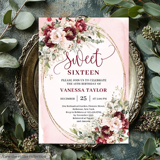 Stylish Blush Burgundy Floral Sweet Sixteen Invite 招待状