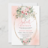 Stylish Blush Floral Gold Sweet 16 Party Invite 招待状 (正面)
