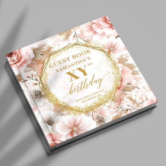 Stylish Blush Gold Watercolor Birthday Guest Book ゲストブック