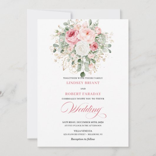 Stylish Blush Peony Gold Glitter Wedding Invite 招待状 (正面)