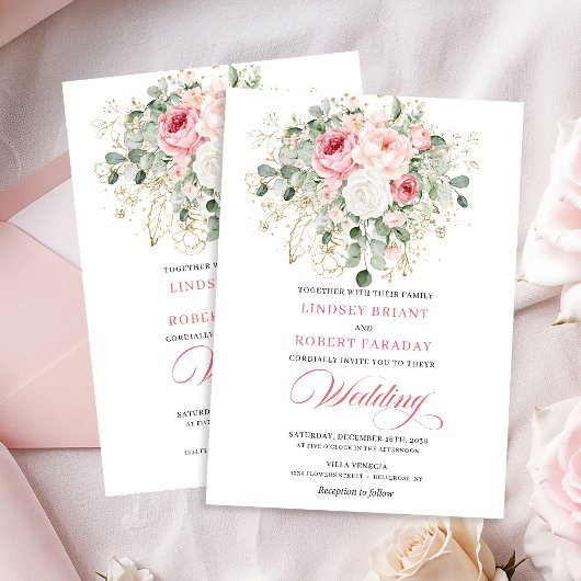 Stylish Blush Peony Gold Glitter Wedding Invite 招待状