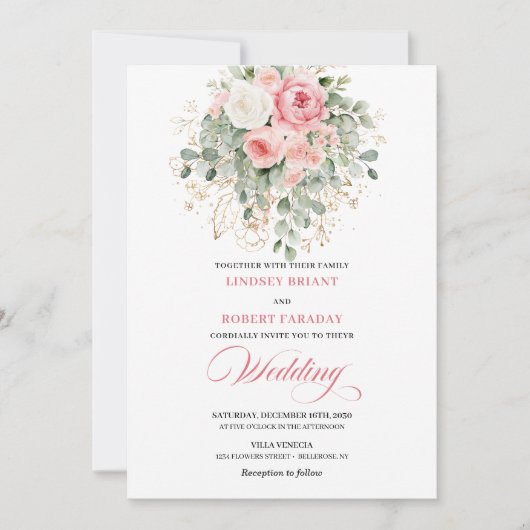 Stylish Blush Peony Gold Glitter Wedding Invites 招待状 (正面)