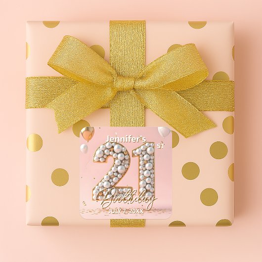 Stylish Blush Pink and Gold Pearly 21st Birthday スクエアシール