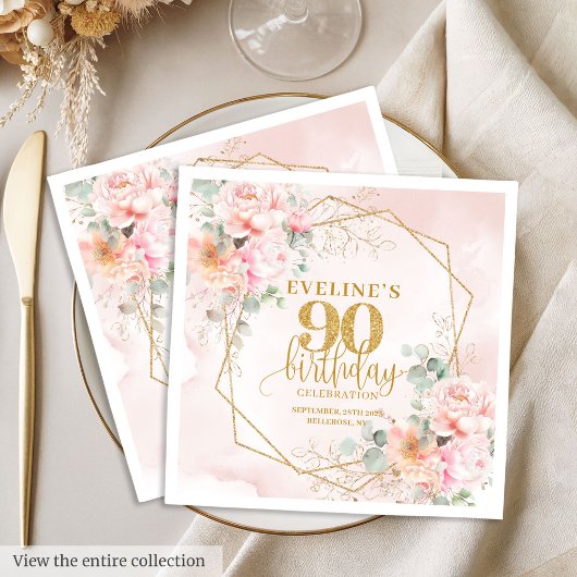 Stylish blush pink floral 90th birthday luncheon  スタンダードランチョンナプキン