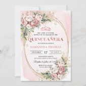 Stylish Blush Pink Floral Greenery Quinceañera  招待状 (正面)
