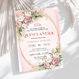 Stylish Blush Pink Floral Greenery Quinceañera  招待状