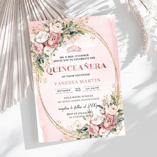 Stylish Blush Pink Floral Greenery Quinceañera  招待状