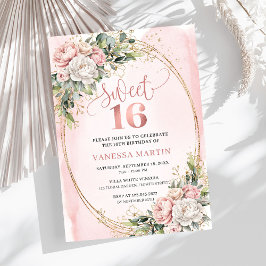 Stylish Blush Pink Floral Greenery Sweet Sixteen  招待状