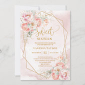 Stylish Blush Pink Sage Gold Floral Sweet 16  招待状 (正面)