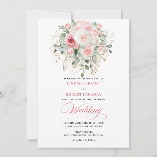 Stylish Blush Rose Gold Glitter Wedding Invitation 招待状 (正面)