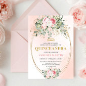 Stylish Blush Roses Greenery Quinceañera Invite 招待状